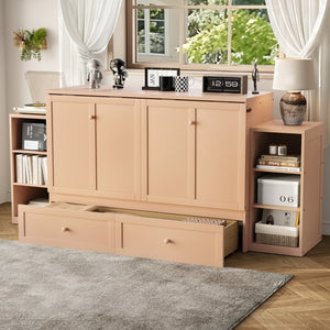 English Elm Queen Murphy Bed With Elegant Golden Finish, Spacious Storage Drawers, And Shelves For Compact Spaces W1580S00258-GIGA