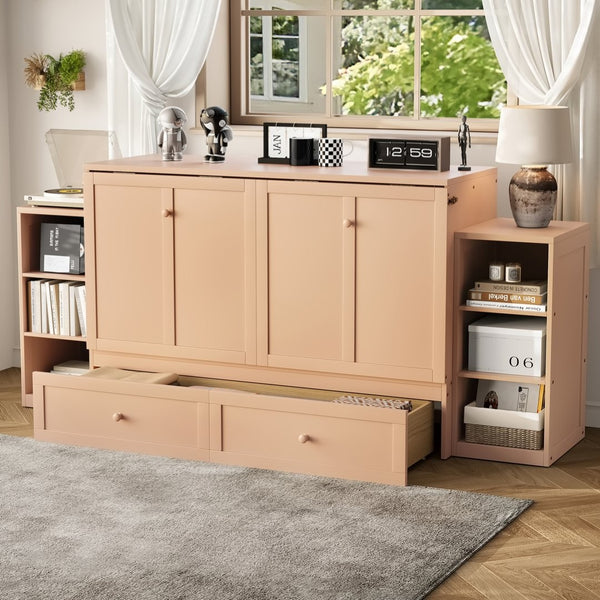 English Elm Queen Murphy Bed With Elegant Golden Finish, Spacious Storage Drawers, And Shelves For Compact Spaces W1580S00258-GIGA