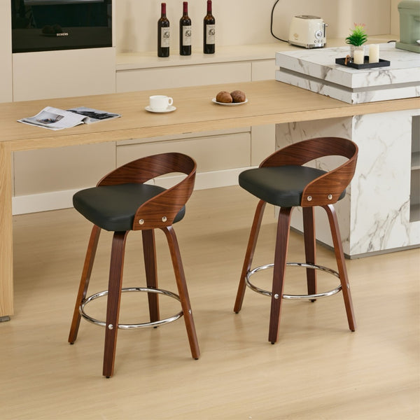 English Elm Bar Stools Set of 2 Mid-century Swivel Walnut Wood Frame with Cushioned Seat Black Pu W1143P173431