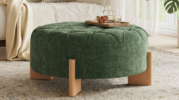 English Elm 32" Round Chenille Ottoman Tufted Footrest with Rubberwood Legs for Living Room Green N723P405298G
