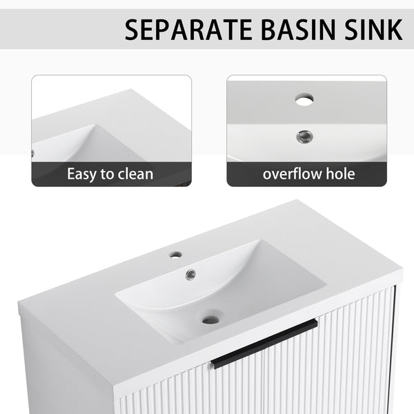 English Elm 36" Floating Bathroom Vanity with Resin Sink, Wavy Doors, Soft-Close Hinges & Durable Plywood Finish White W999P251811