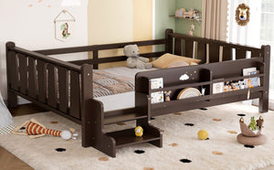 English Elm Twin Pine Floor Bed for Kids with Side Bookcases Built-in Stairs and Safety Guardrails Espresso W1580P390226
