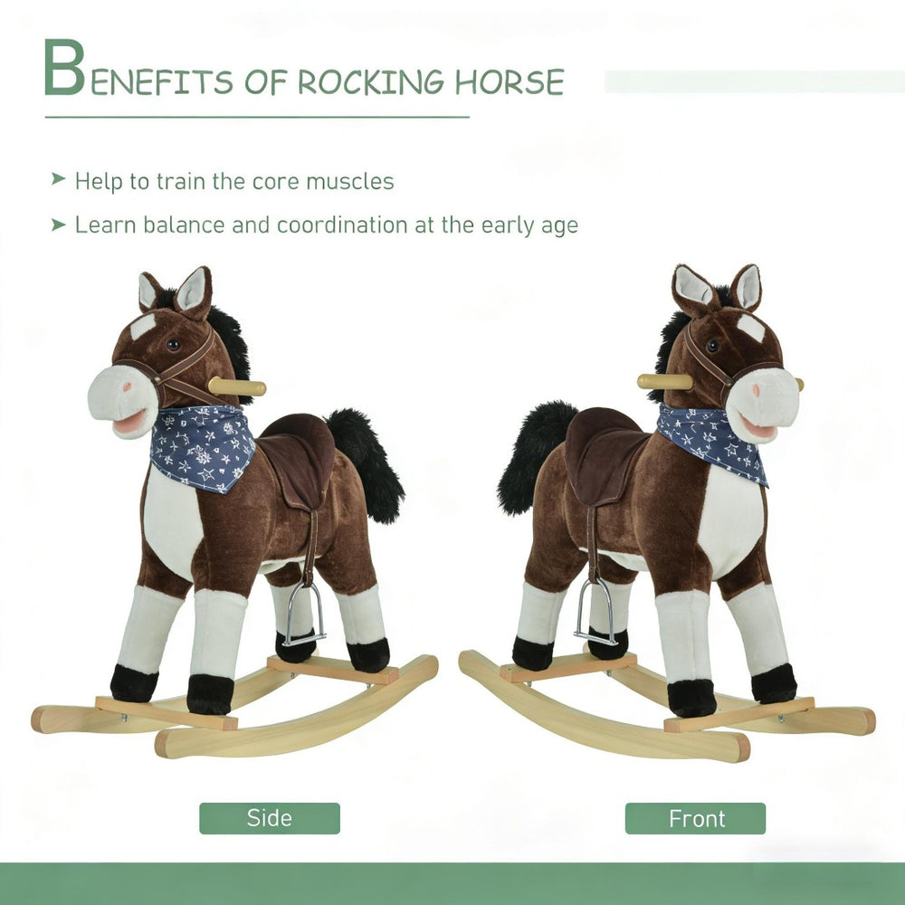 English Elm Ride-on Cowboy Rocking Horse with Plush Body Realistic Sounds and Wooden Base T3971P442347