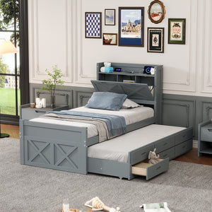 English Elm Twin Storage Bed with Headboard Outlets, Extendable Trundle & 3 Drawers, Durable MDF/Plywood Design Gray 45.5 L x 21.5 W x 8 H N733S172839E