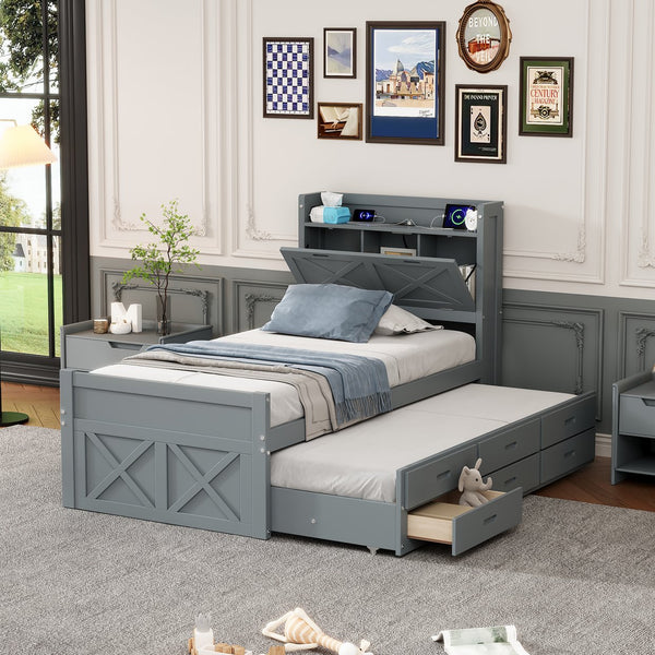 English Elm Twin Storage Bed with Headboard Outlets, Extendable Trundle & 3 Drawers, Durable MDF/Plywood Design Gray 45.5 L x 21.5 W x 8 H N733S172839E