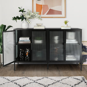 English Elm Stylish 4-Door Tempered Glass Cabinet With 4 Glass Doors Adjustable Shelf and Feet Anti-Tip Dust-Free Fluted Glass Kitchen Credenza Black