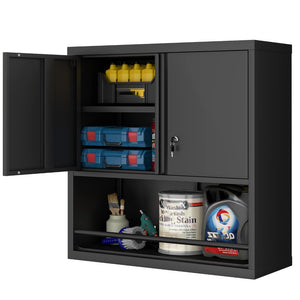 English Elm Metal Wall Mounted Steel Cabinet Lockable Doors Adjustable Shelves Kitchen Office Storage Black T3625P366858