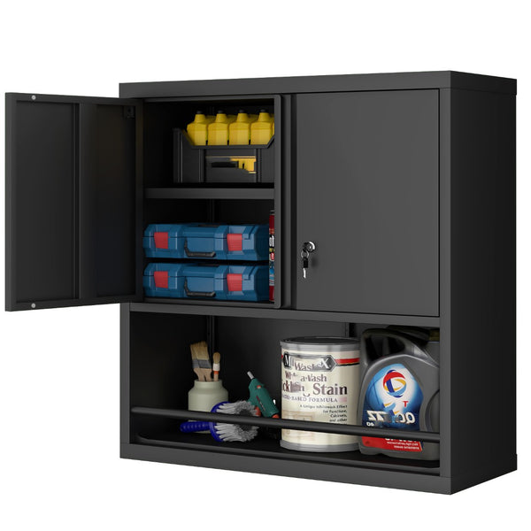 English Elm Metal Wall Mounted Steel Cabinet Lockable Doors Adjustable Shelves Kitchen Office Storage Black T3625P366858