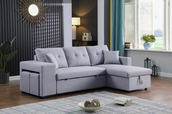 English Elm Dino Linen Tufted Sleeper Sectional with Reversible Chaise Storage and Two Ottomans Light Gray B2749S00202
