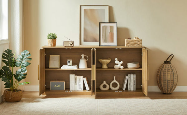 English Elm 67" Rattan Door Boho Credenza Wide Storage Sideboard for Living Room or Entryway W1820P426169