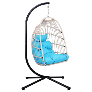 English Elm Foldable Hanging Egg Chair with Stand Pillow, HDPE Wicker, Rust‑Resistant Frame, Cushioned Headrest, 350lb Capacity Blue W2500P369700