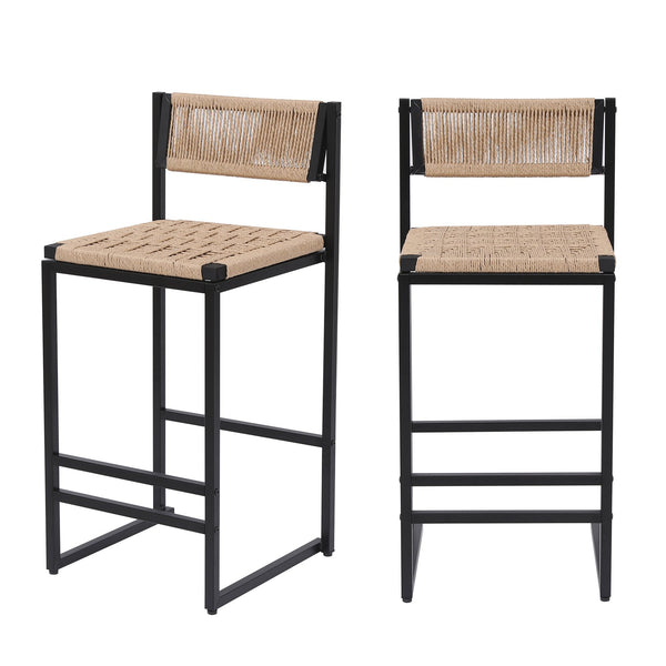 English Elm Kitchen Bar Stools Set of 2 Paper Rope Woven Seats with Metal Frame, Double Footrest & Anti-Slip Pads W1757P254841