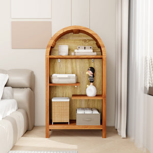 English Elm 4-tier Arched Freestanding Bookcase with Lattice Doors Open Display and Cabinet Storage W3123P485377