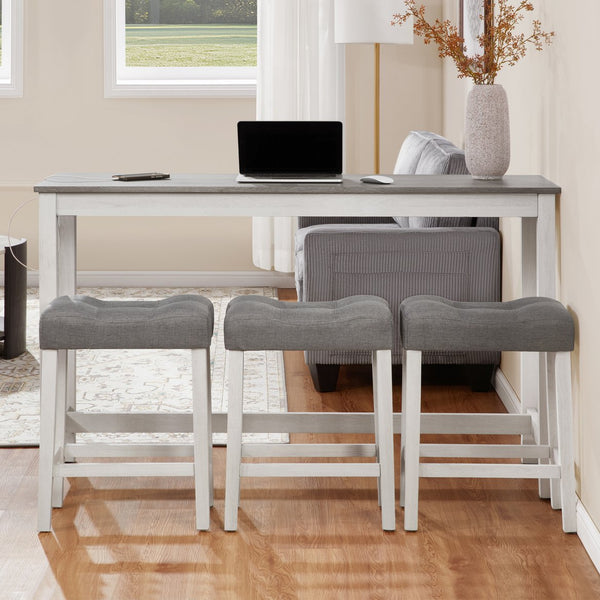 English Elm 4 Rustic Bar Table Set with Built-In Power, USB & Type-C, Water-Resistant Wood Grain Top, 59" L x 35.5" H Grey+White W1998P324488