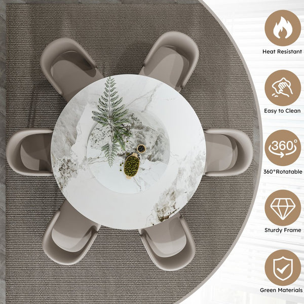 English Elm 59" Round 7-Piece Dining Set - Modern Faux Marble Table With Lazy Susan & 6 Pu Leather Chairs For Home W2700S00038