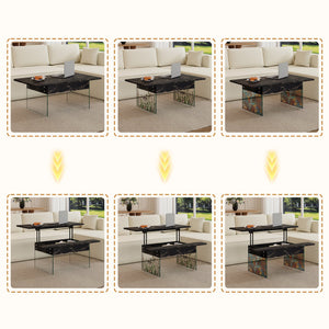 English Elm Multifunctional Lift Top Coffee Table with Tempered Glass Legs, Ergonomic Storage and Durable MDF Finish Black,Transparent W2920P226077