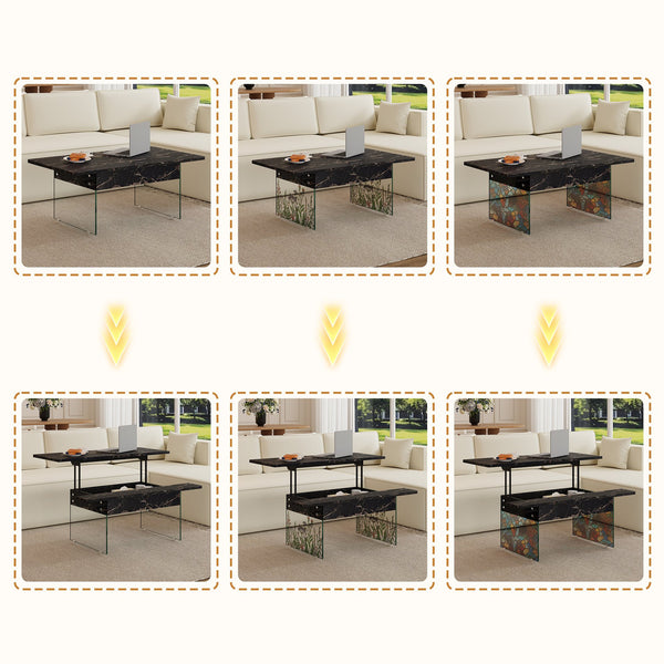 English Elm Multifunctional Lift Top Coffee Table with Tempered Glass Legs, Ergonomic Storage and Durable MDF Finish Black,Transparent W2920P226077