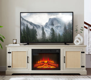 English Elm Natural Rattan TV Stand Console with Fireplace Insert, 65" Wide Entertainment Center, Adjustable Shelves, Cable Management, Boho Midcentury Blend White W1758S00021