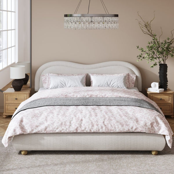 English Elm Queen Chenille Upholstered Bed Curved Headboard Oak Legs Wooden Slat Platform Frame W1716P387791