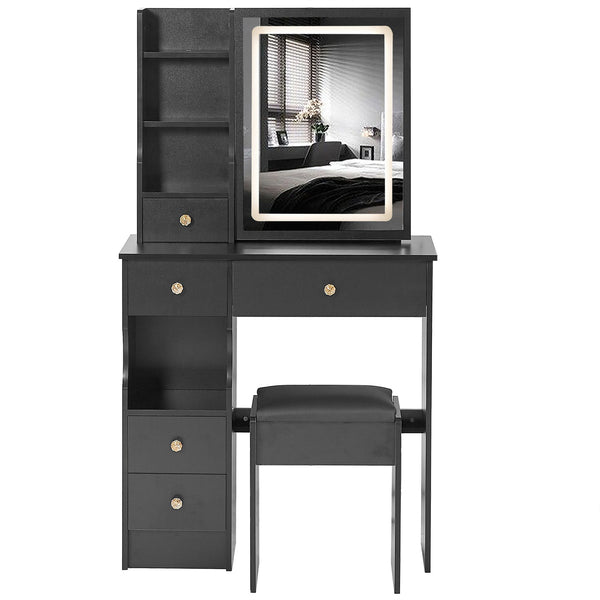 English Elm 29.2" Compact Left Drawer Vanity Table With Cushioned Stool, Touch Control Led Mirror & Storage Solution W936P202449