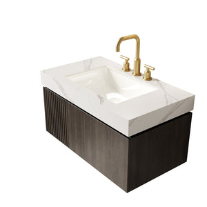 English Elm Muri Floating Bathroom Vanity Plywood Cabinet Sintered Stone Top Espresso Woodgrain W2615S00635