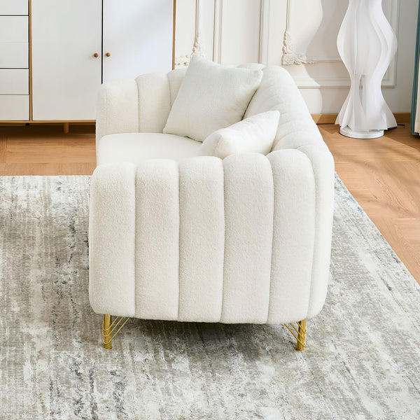 English Elm 63" Chenille Loveseat Sofa Luxury 2-Seater Deep Tufted Couch with Gold Metal Legs and Pillows Beige W3373S00036