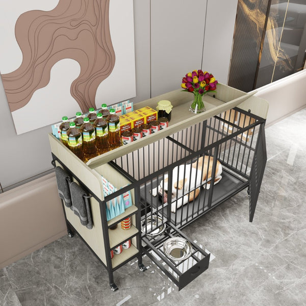 English Elm Large Iron Mdf Pet Enclosure with Storage Cabinet Rolling Casters and Steel Feeding Basins W3064P245384