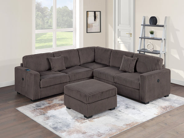 English Elm Living L-Shaped Sectional Sofa Set with Reversible Chaise, Tufted Burlap Fabric, Storage Ottoman, USB Port Chocolate 40 L x 26 W x 58 H B011S01781