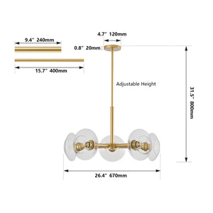 English Elm 26" Modern Gold 5-Light Sputnik Chandelier with Clear Glass Shades, Mid-Century Pendant for Dining W1340P233172