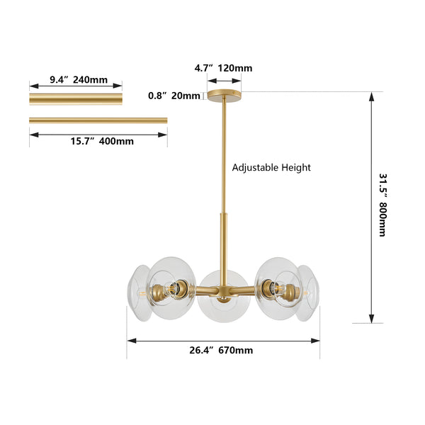 English Elm 26" Modern Gold 5-Light Sputnik Chandelier with Clear Glass Shades, Mid-Century Pendant for Dining W1340P233172