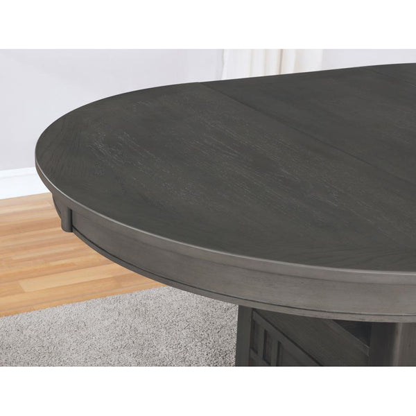 English Elm Oval 60-inch Extension Leaf Dining Table with Medium Grey Finish, Storage Base & Open Shelf B016P369261
