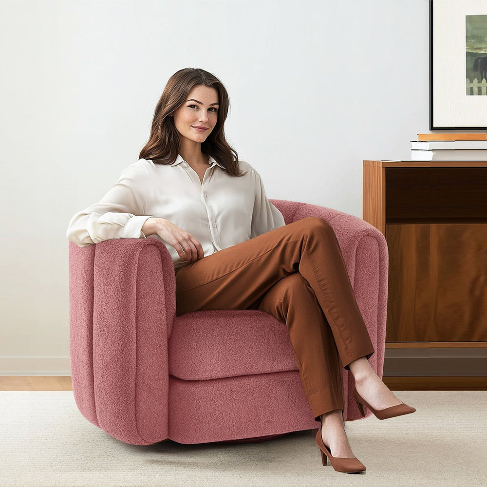 English Elm Swivel Teddy Fabric Barrel Chair with 360° Rotation, Solid Wood Base, Plush High-Density Comfort Pink Teddy W2606P221625