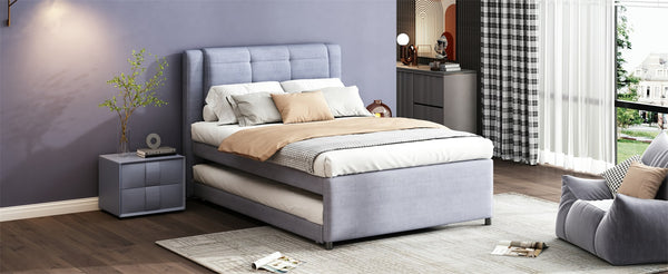 English Elm Full Size Upholstered Platform Bed With Versatile Trundle - Modern Gray Design For Comfort & Style DL001678AAE