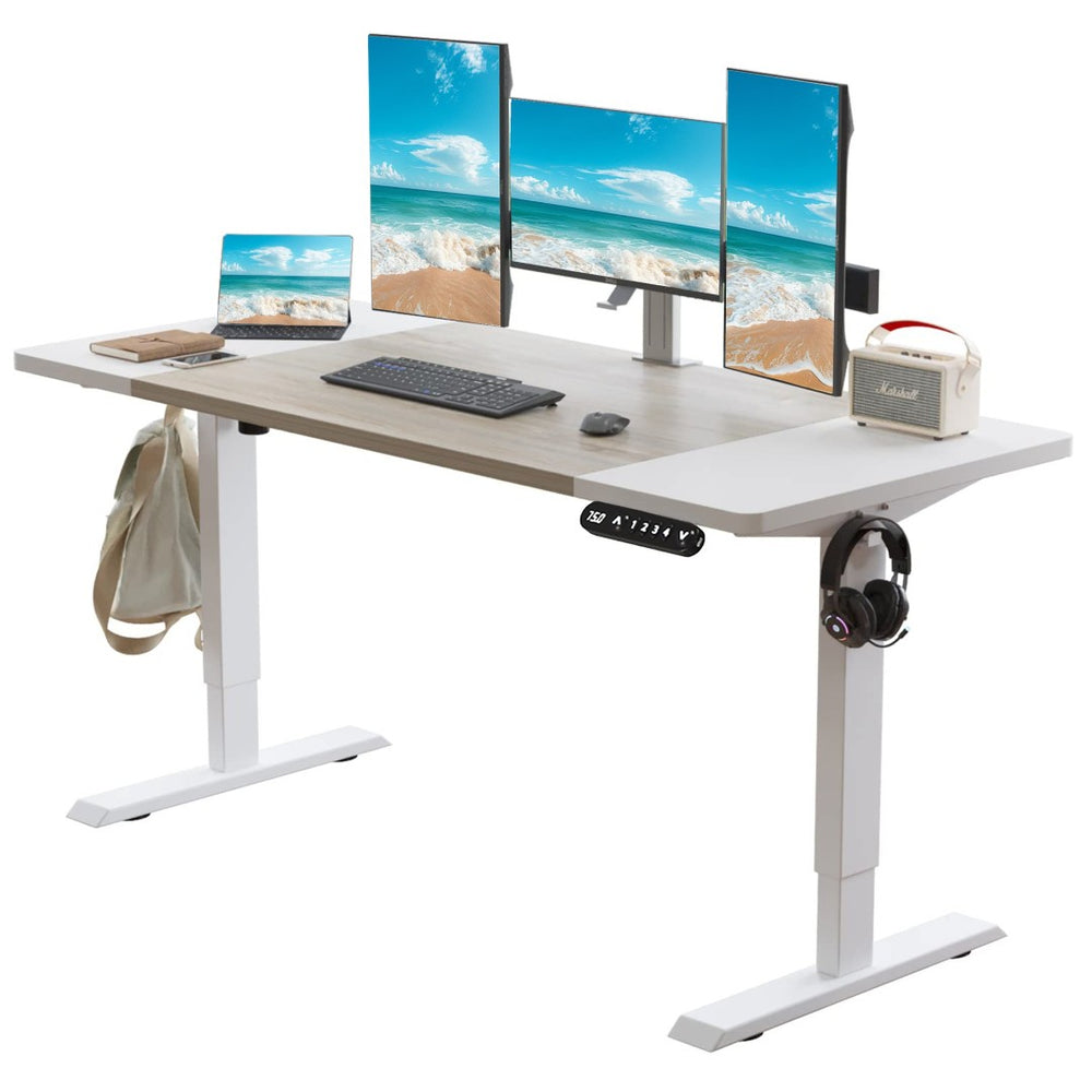 English Elm 63"×30" 63"x30" Electric Sit Stand Desk with Splice Board Top and Motorized Steel Frame White Leg + White + Light Oak W614P431431