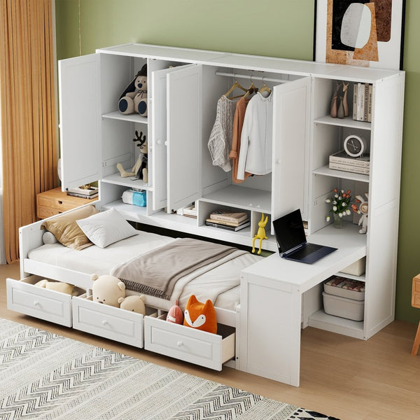 English Elm Twin Size Daybed With Storage Drawers, Desk & Shelves - Stylish Space-Saving Furniture In White N820S00054K-GIGA