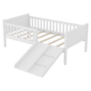 English Elm Twin Low Loft Kids Bed with Fun Slide Climbing Structure and Movable Bookshelf White W2593P437109