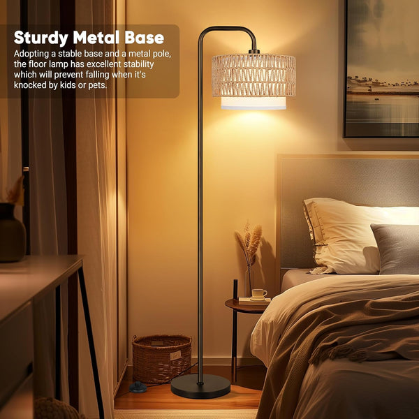 English Elm 68''Floor Boho Farmhouse Lamp with Remote & Pedal, 3Temp Dimmable LED, Rattan + Linen Shades, Black W3355P391496