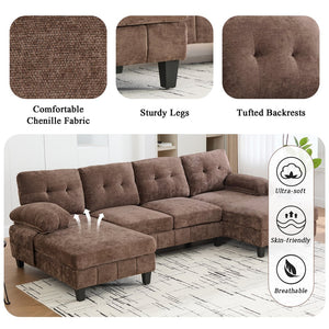 English Elm U-shaped Chenille Sectional Sofa with Dual Chaise Lounges, Tufted Back, Storage Pockets & Pillows Brown N719S002040D