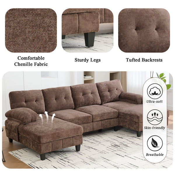 English Elm U-shaped Chenille Sectional Sofa with Dual Chaise Lounges, Tufted Back, Storage Pockets & Pillows Brown N719S002040D