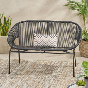 English Elm Christopher Knight Home® - CONDESSA Black Loveseat – Modern Hammock Weave Polyethylene Rattan on Matte Powder-Coated Iron Frame 67120.00BLK
