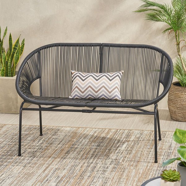 English Elm Christopher Knight Home® - CONDESSA Black Loveseat – Modern Hammock Weave Polyethylene Rattan on Matte Powder-Coated Iron Frame 67120.00BLK