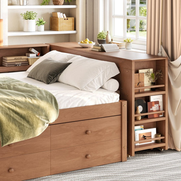 English Elm Twin Daybed Pine Frame with Trundle Desk Hutch Shelves and Storage for Kids Rooms Brown W1580S00462