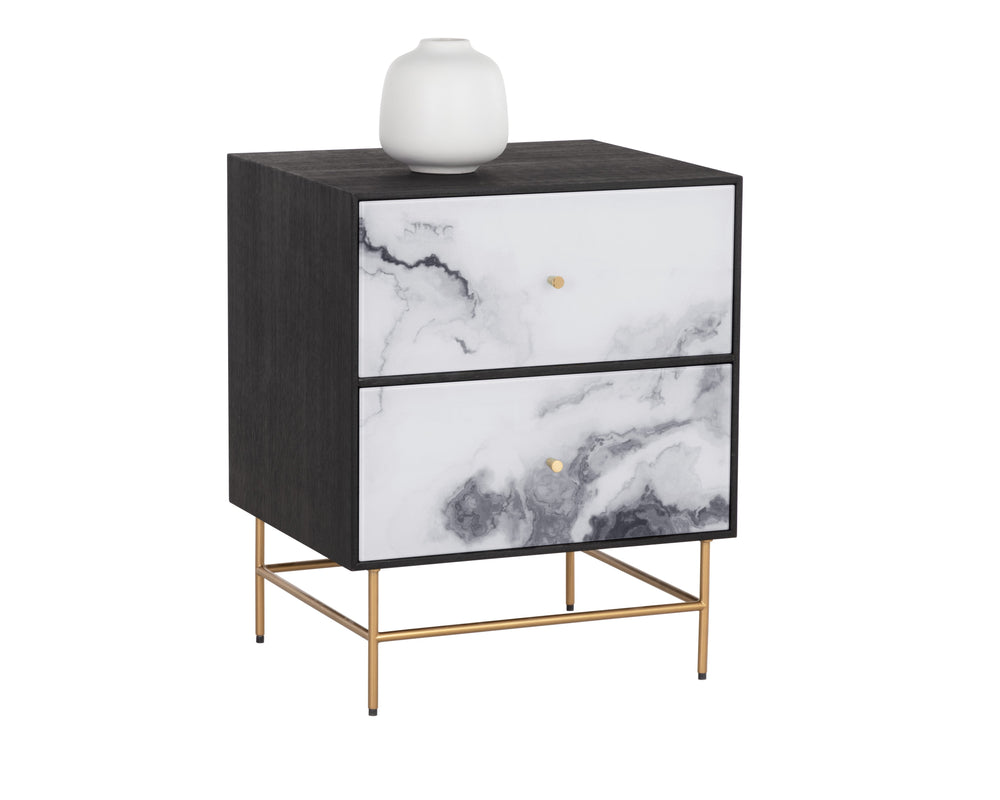 Sunpan Cordero Modern Nightstand with Marble-Effect Drawers, Antique Brass Legs - Stylish Acacia Design