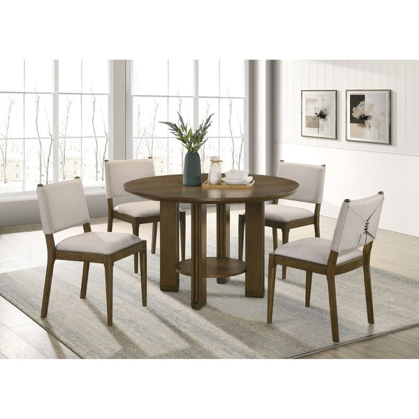 English Elm Crispin Round Oak Veneer Dining Table with Open Shelf for Compact Spaces B062P447967