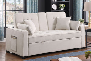 English Elm Corrado Woven Fabric Sleeper Loveseat with Console Cup Holders and Charging Ports Beige B2749S00242