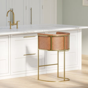 English Elm 26" Counter Stool Tufted Faux Leather Seat with Brass Metal Base for Kitchen Islands Brown Pu B2751P436481