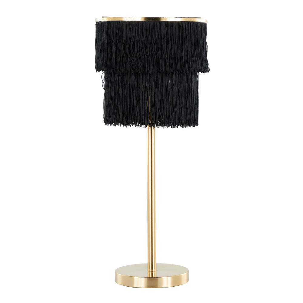 English Elm Fringe 25" Contemporary Gold Metal Buffet Lamp Set of 2 with Black Fringe Shade, LED Included, UL Listed B202P224203