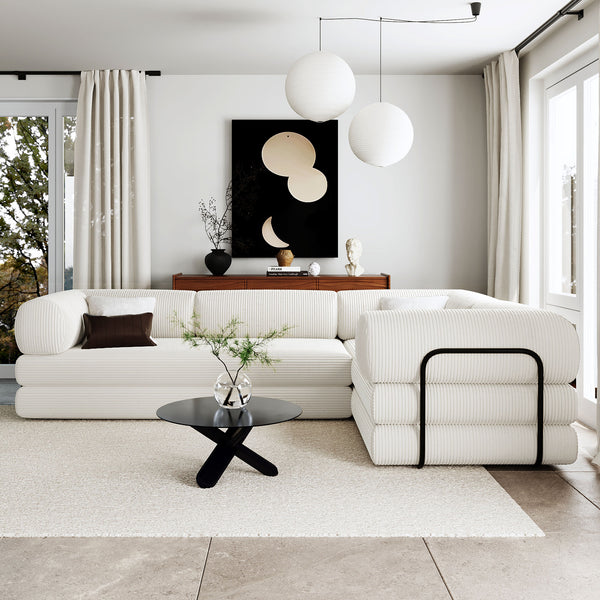 English Elm U_Style L-Shaped Modular Sofa Bed Corduroy with Iron Back Support, No Assembly, Plush Comfort Beige WY000448AAA