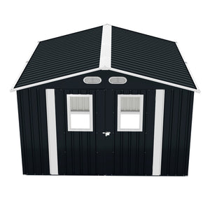 English Elm Outdoor Metal Storage Shed 8x8 Ft with Four Windows and Lockable Double Doors Dark Gray W1598S00041