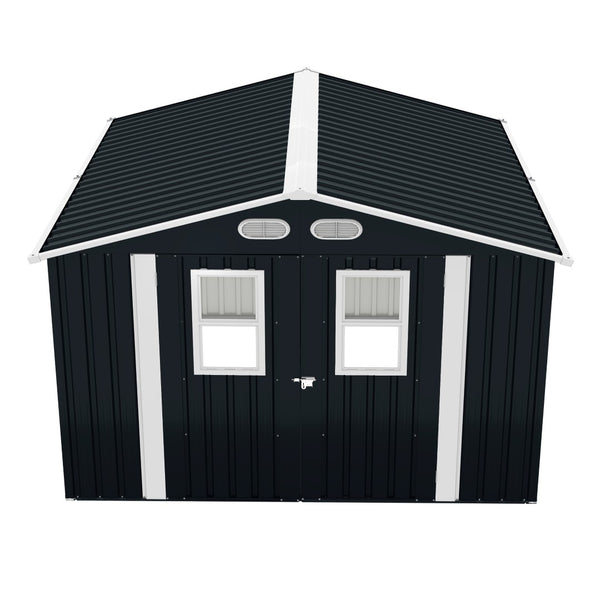 English Elm Outdoor Metal Storage Shed 8x8 Ft with Four Windows and Lockable Double Doors Dark Gray W1598S00041